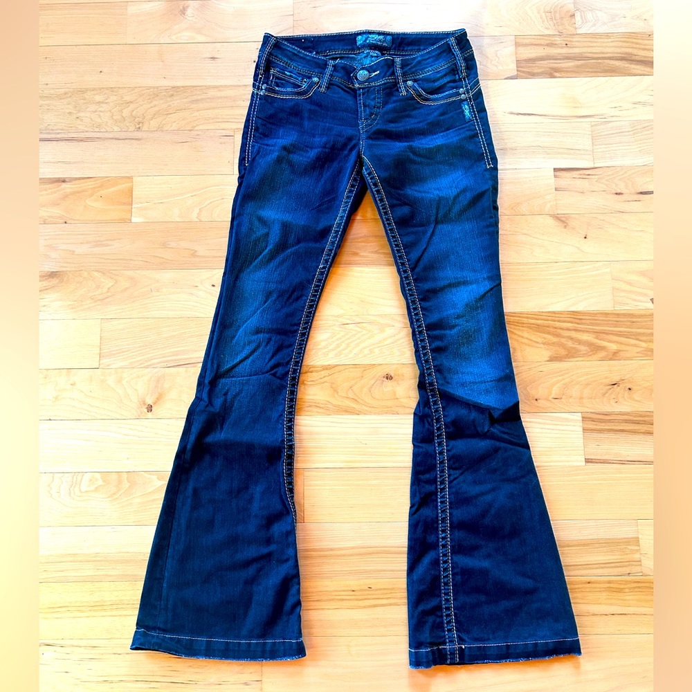 Women’s Dark Blue Silver Camden Rose Bell Bootcut Jeans with Pockets W26 & L33
